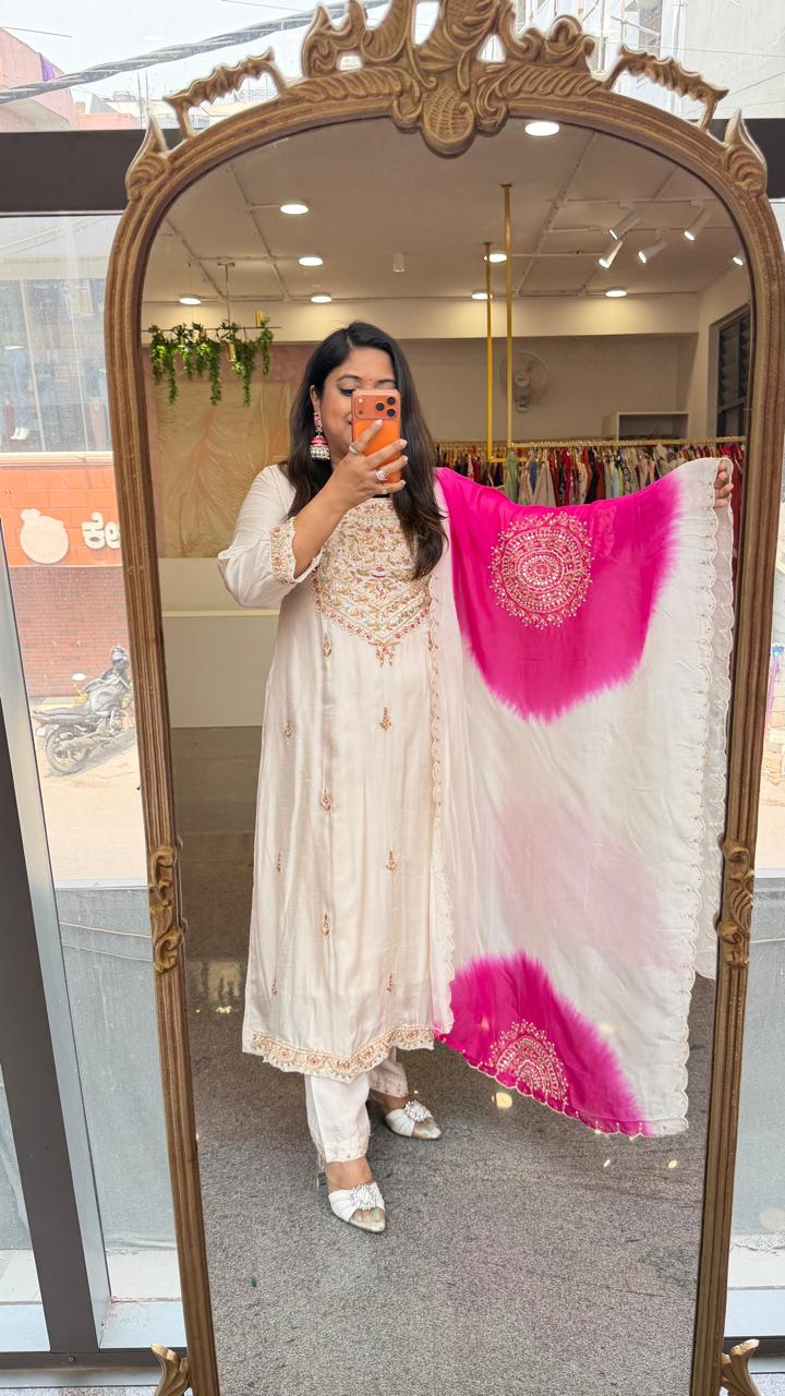 Pure dola silk hand work suit set with pretty handwork crepe dupatta