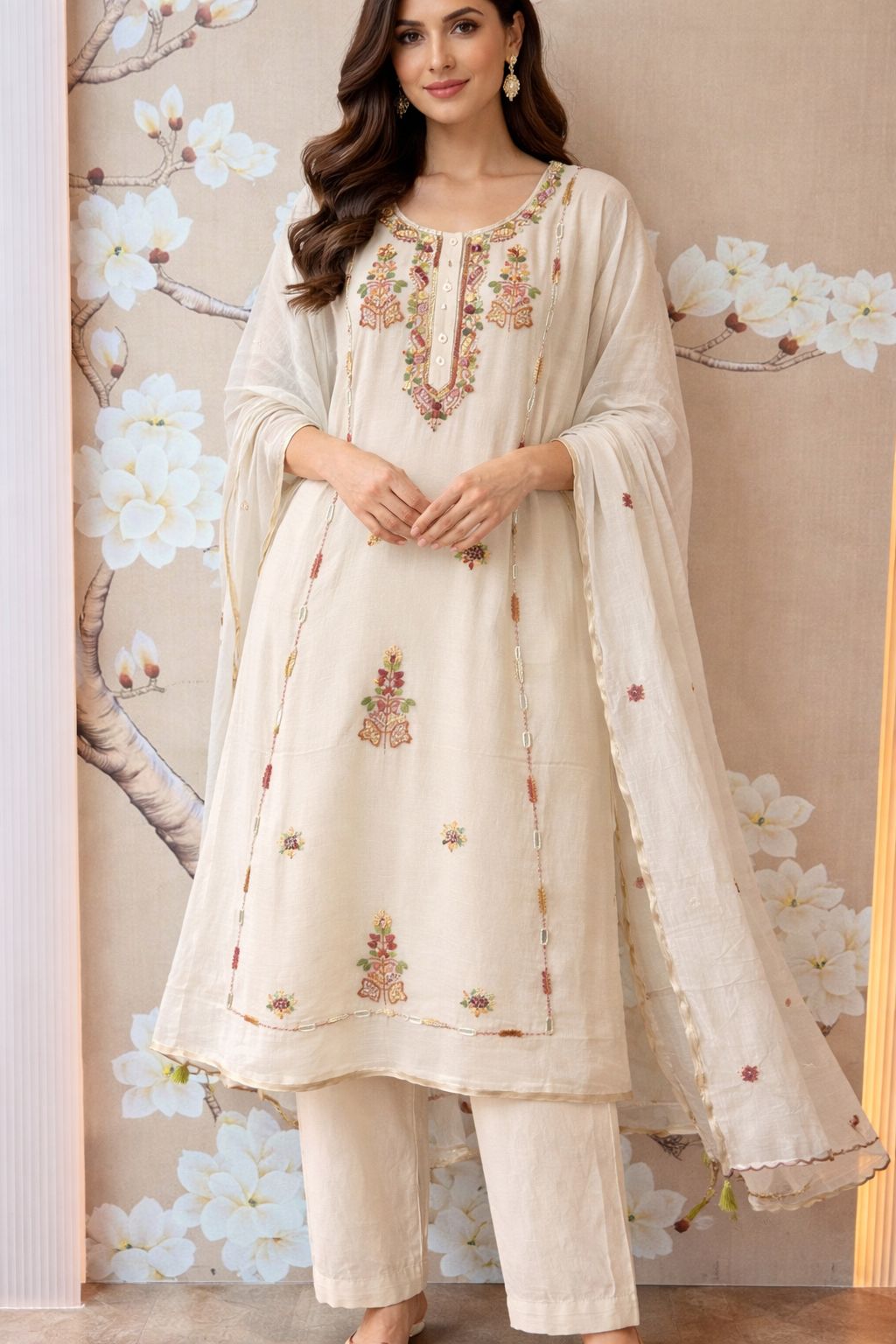 Super pretty chanderi silk fully embroidered suit set with lining and real mirror