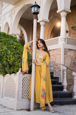 Crush crape with heavy hand work and Kalamkari dupatta in yellow