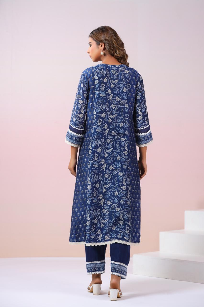 Pure Mul silk lace detailing indigo kurta pant