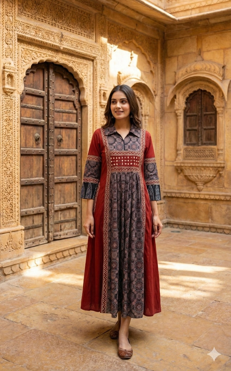 Pretty ajrakh cotton real mirror one piece in red