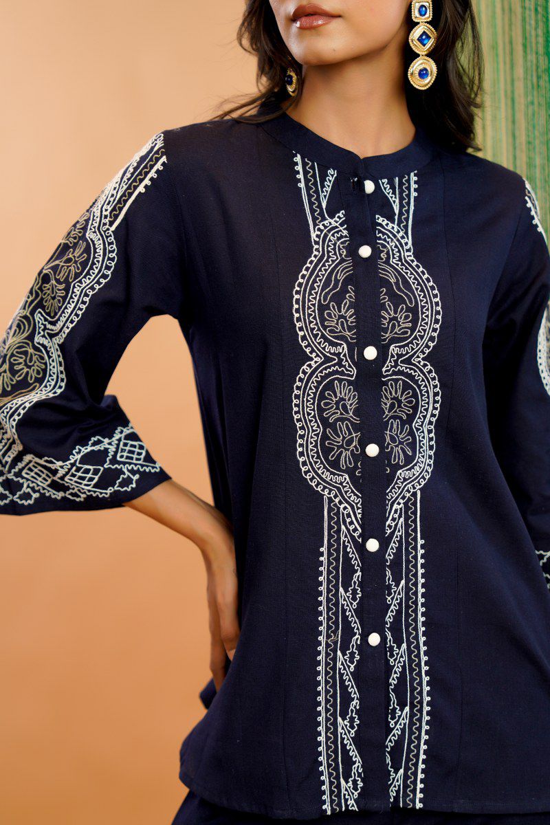 Soft denim look cottton embroidered Co ord set