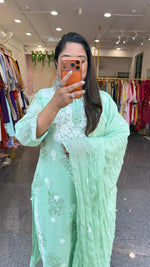 Restocked the bestseller ! Pure Mul cotton chikankari full suit set in pista green