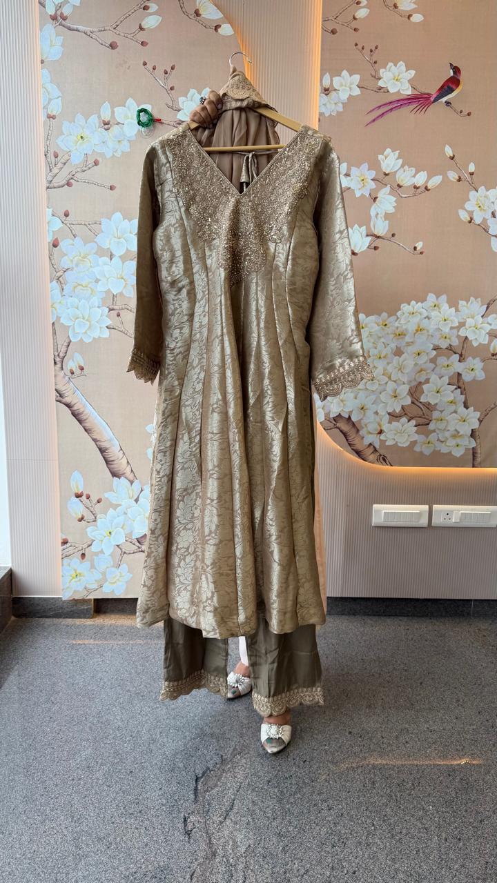 Designer back premium brocade Anarkali suit set in beige