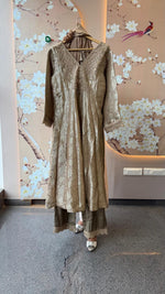 Designer back premium brocade Anarkali suit set in beige