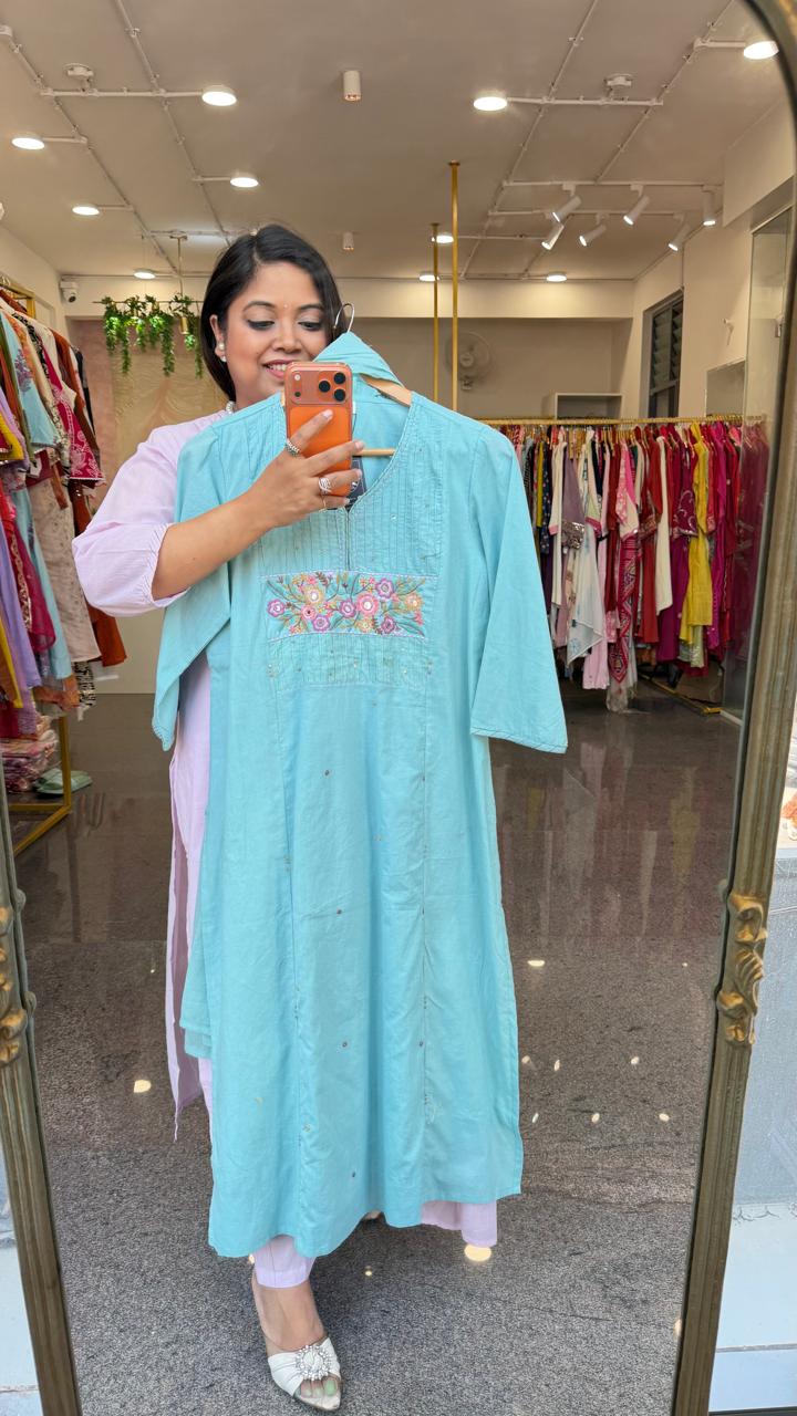 Premium sily cotton embroidered lining full suit set in powder blue