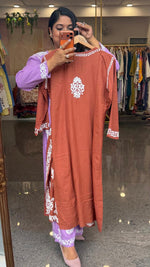Super pretty slub cotton chikankari kurta pant in brown