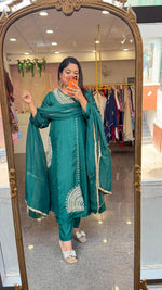 Viral dress! Premium dola silk hand work suit set in bottle green