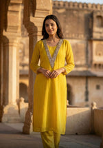 Premium chinon heavily embellished yoke kurta pant in yellow