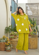 Pure crepe gold Zari applique co ord set in green