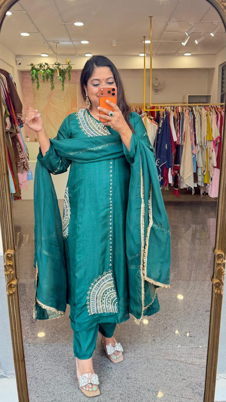 Viral dress! Premium dola silk hand work suit set in bottle green