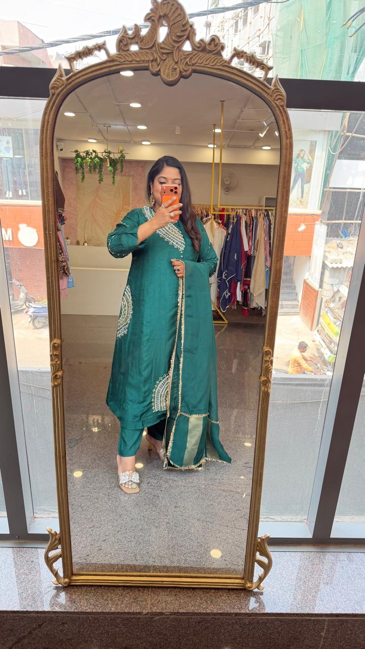 Viral dress! Premium dola silk hand work suit set in bottle green