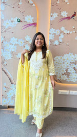Restocked pure Mul cotton chikankari full suit set in yellow