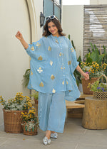 Pure crepe gold Zari applique co ord set in blue