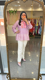 Super super pretty handwork pure mulchanderi Co ord comes with inner in powder purple