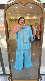 Pure cotton jute jacket smart blue co ord set