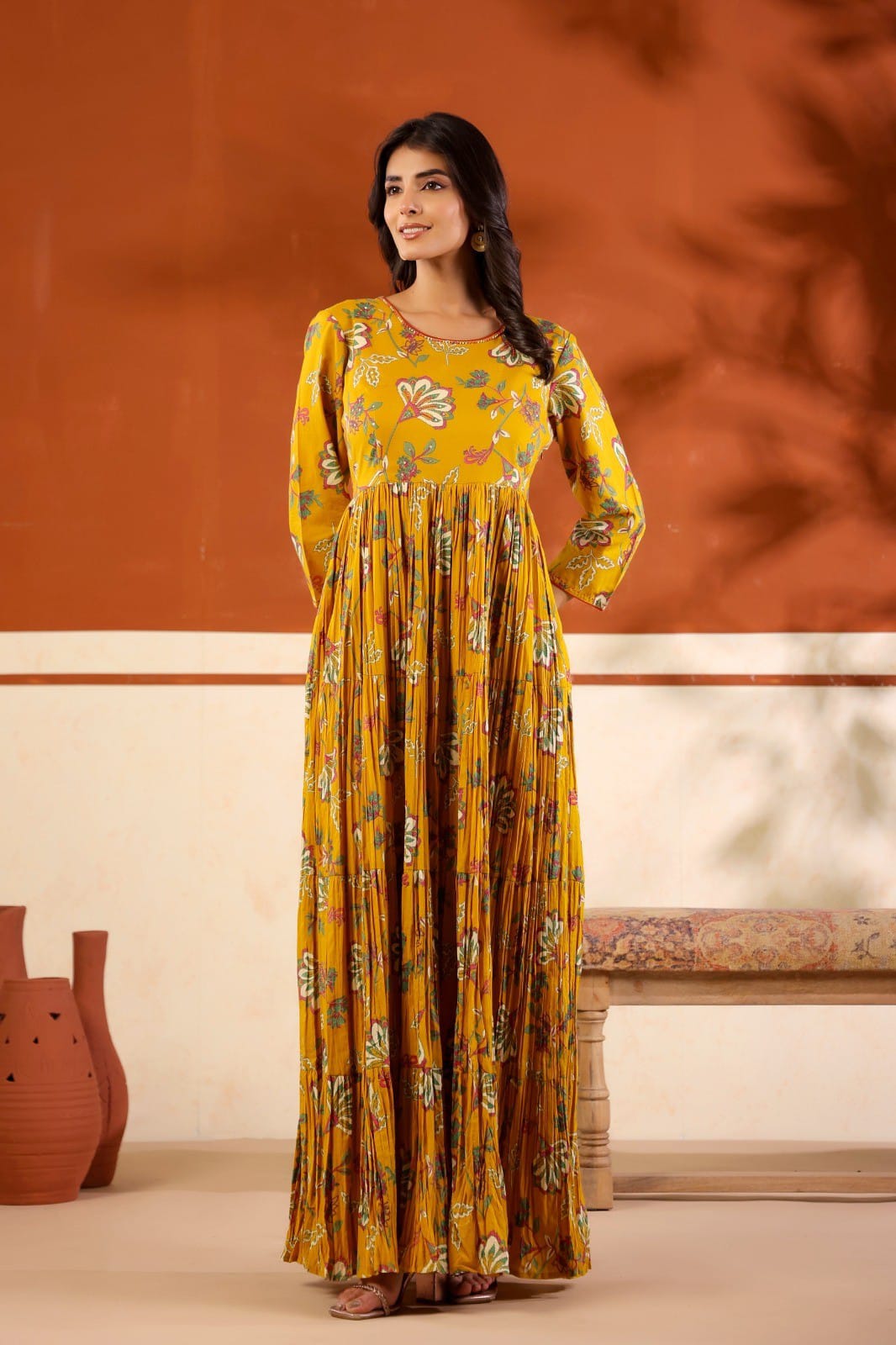 Beautiful cotton one piece digital printed cotton gown in yellow