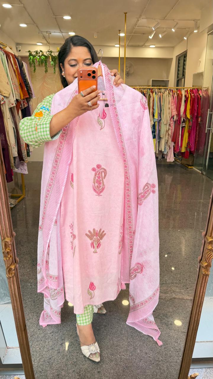 Pure cotton lining full suit set in pink