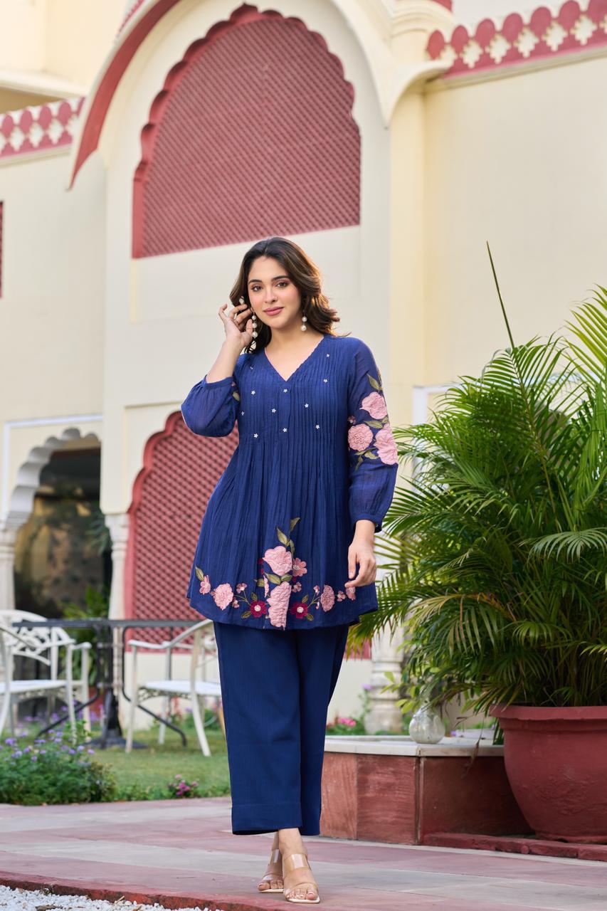 Pretty applique work Mul chanderi co ord set