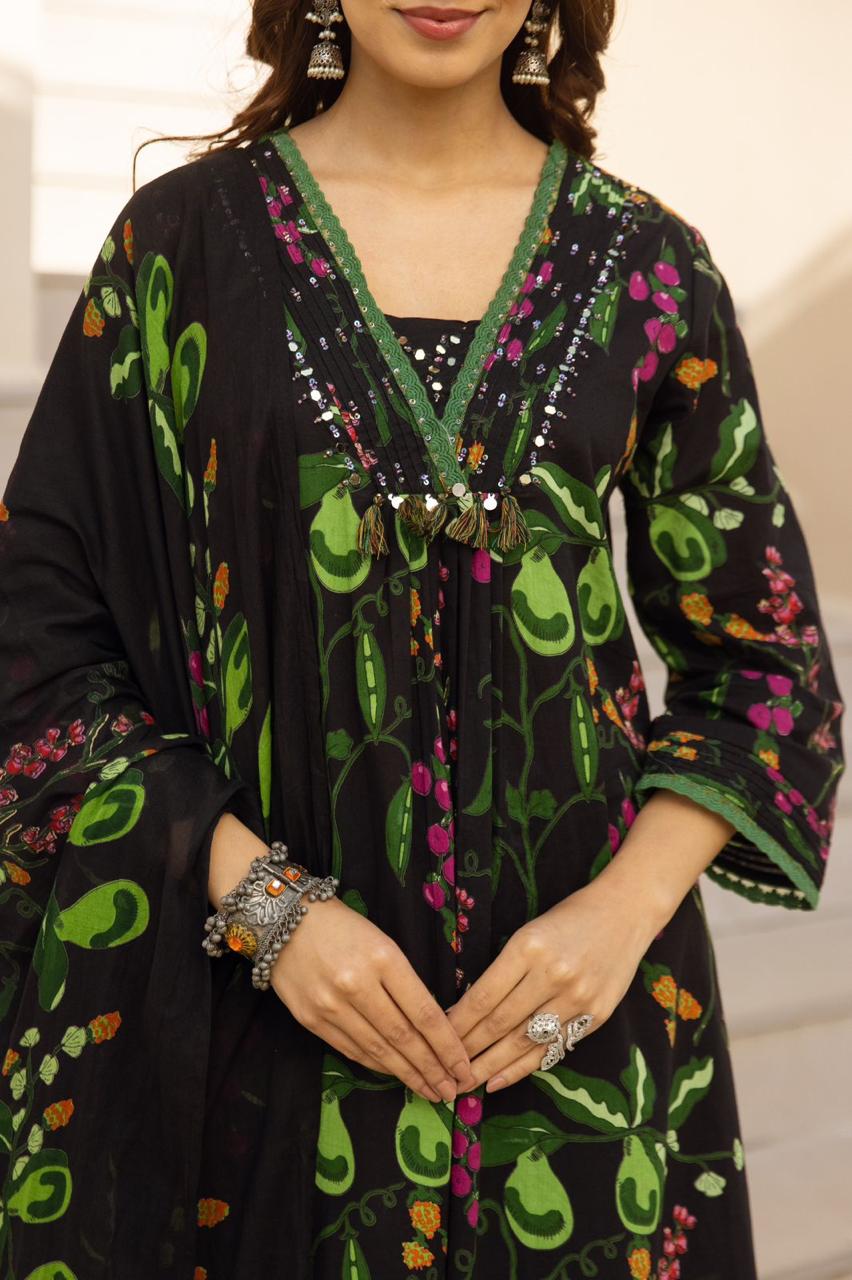 Pure cotton digital printed full suit set in black n green