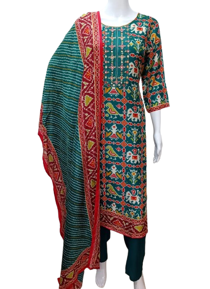 Russian silk Patola suit set in green