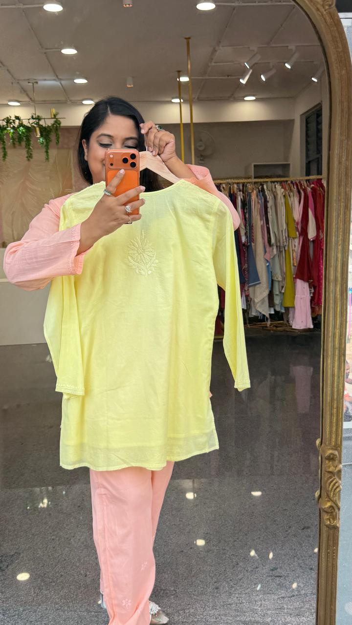 Mul cotton chikankari lining co ord set in yellow( slight slim)