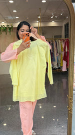 Mul cotton chikankari lining co ord set in yellow( slight slim)