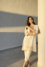 Designer boho look cottton embroidered co ord set in ivory