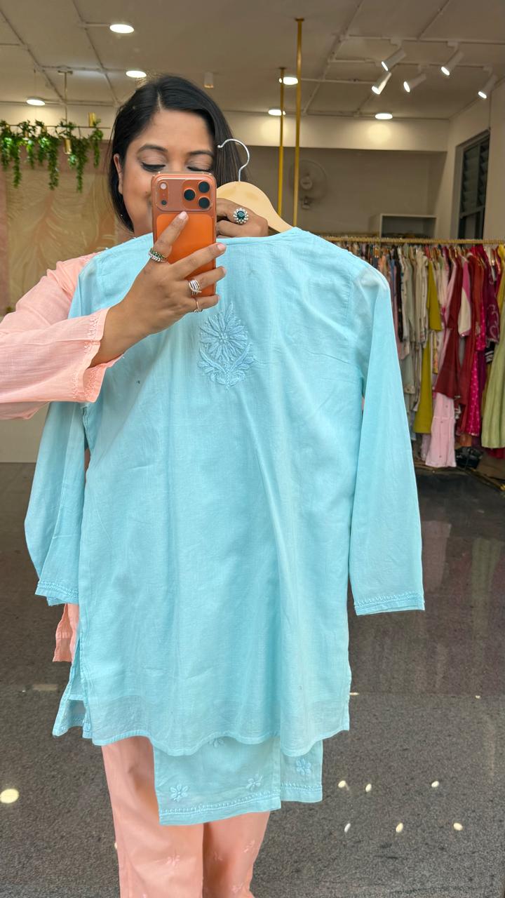 Mul cotton chikankari lining co ord set in blue( slight slim)