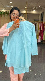 Mul cotton chikankari lining co ord set in blue( slight slim)