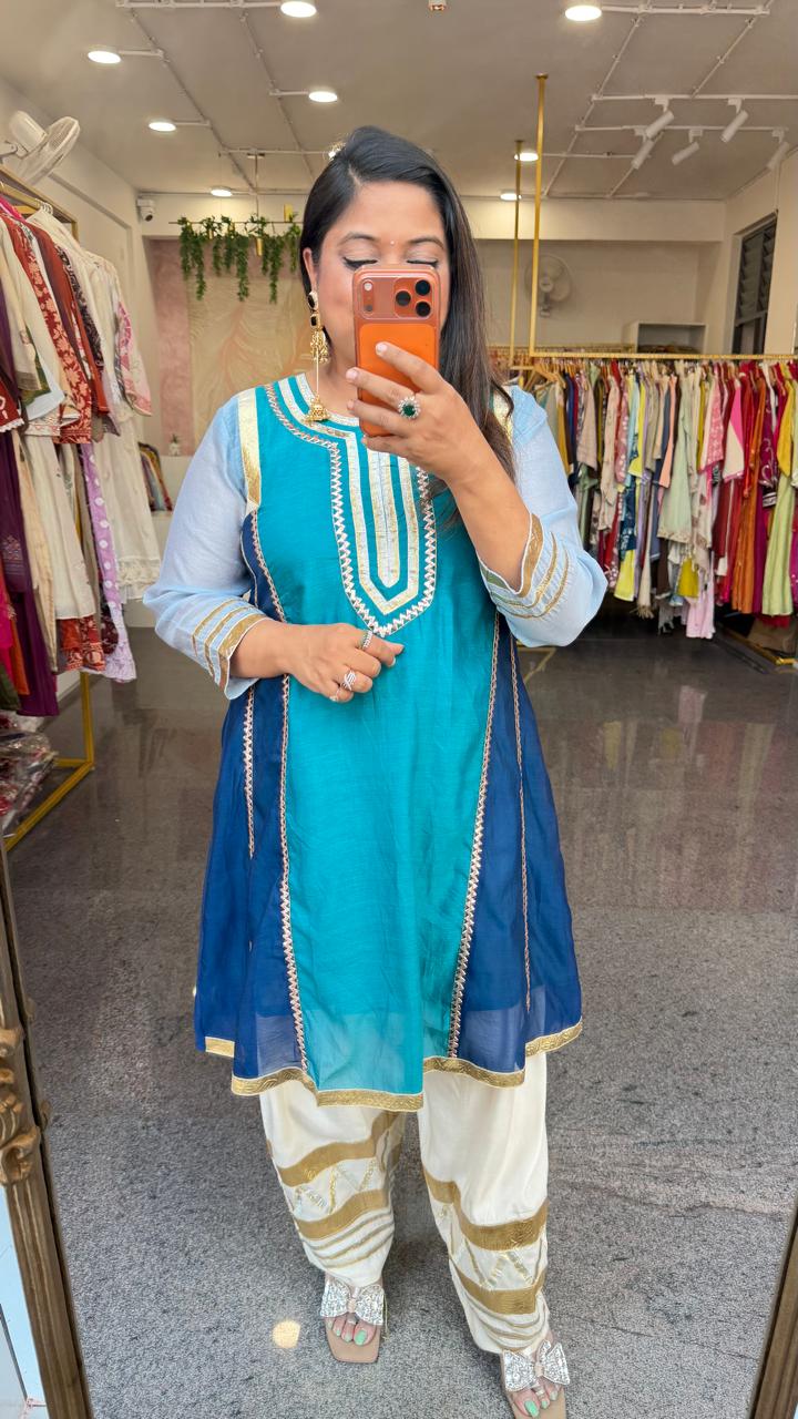 Celebrity inspired pure Mul chanderi gotta detailing co ord set in dark blue