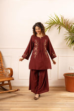 Heavy slub cotton embroidery co ord paired with palazzo maroon/wine