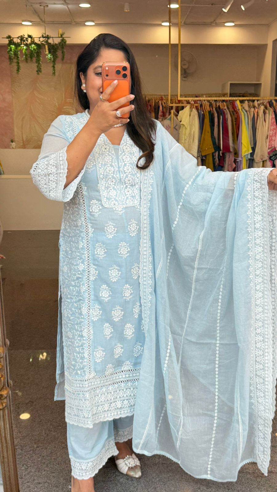 Mind blowing Mul cotton chikankari full suit set in powder blue