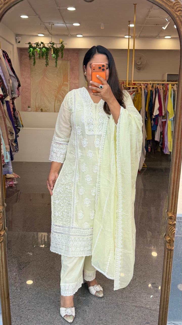 Mind blowing Mul cotton chikankari full suit set in mint yellow