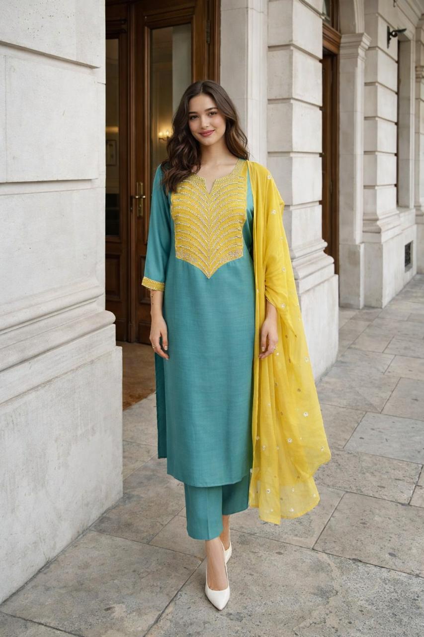 Bemberg muslin embroidered co ord set in blue n yellow