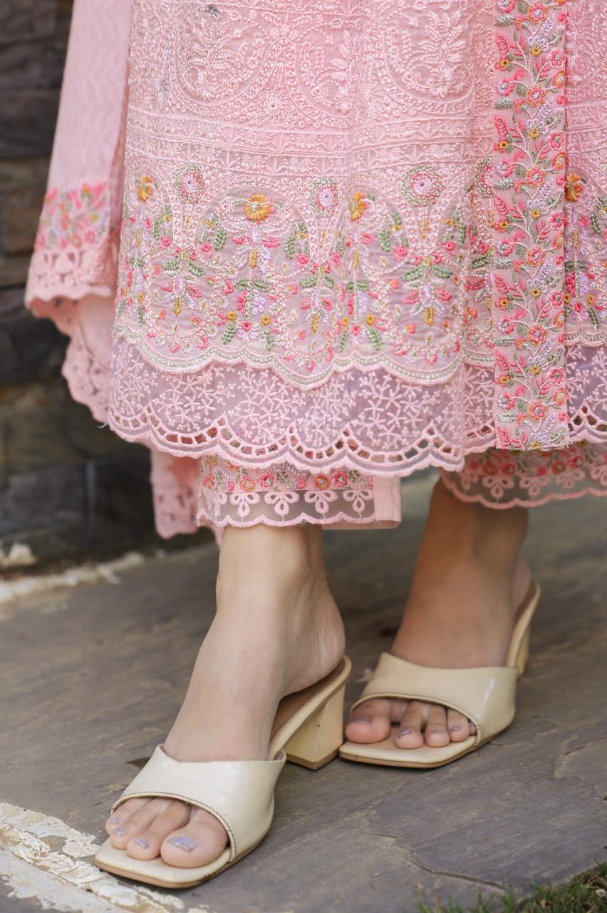 Super smart Hakuba shifli textured cotton Anarkali suit set in pink