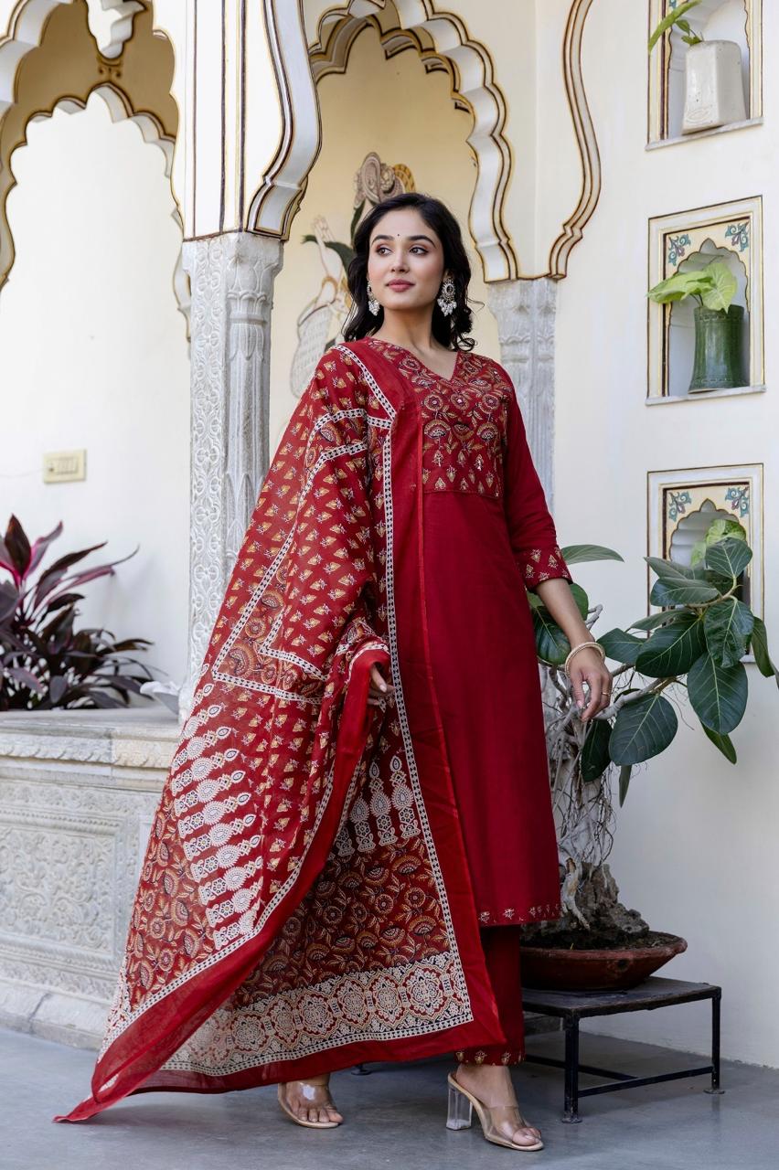 Ajrakh cotton full suit set in red