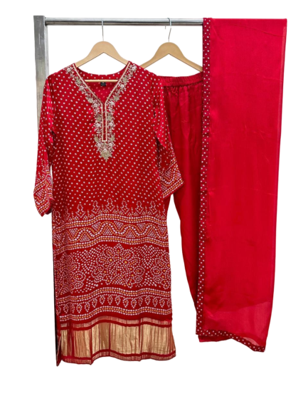 Pure gaji silk lakri patta suit set in red