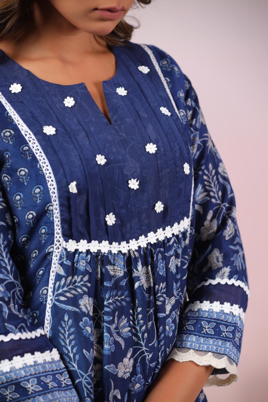 Pure Mul silk lace detailing indigo kurta pant