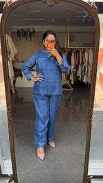 Back embroidered comfortable pants with pocket super soft denim Co ord with minimal design