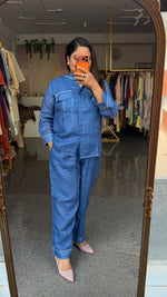 Back embroidered comfortable pants with pocket super soft denim Co ord with minimal design