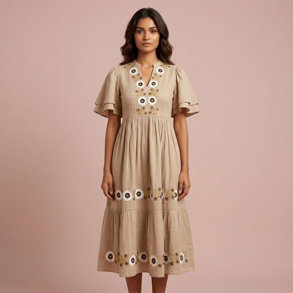 Super soft cotton embroidered one piece in chikoo colour