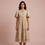 Super soft cotton embroidered one piece in chikoo colour