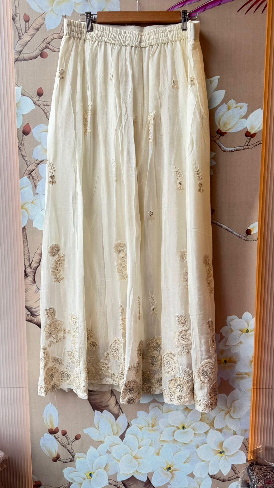 Heavily embroidered premium chinon palzzo set in ivory