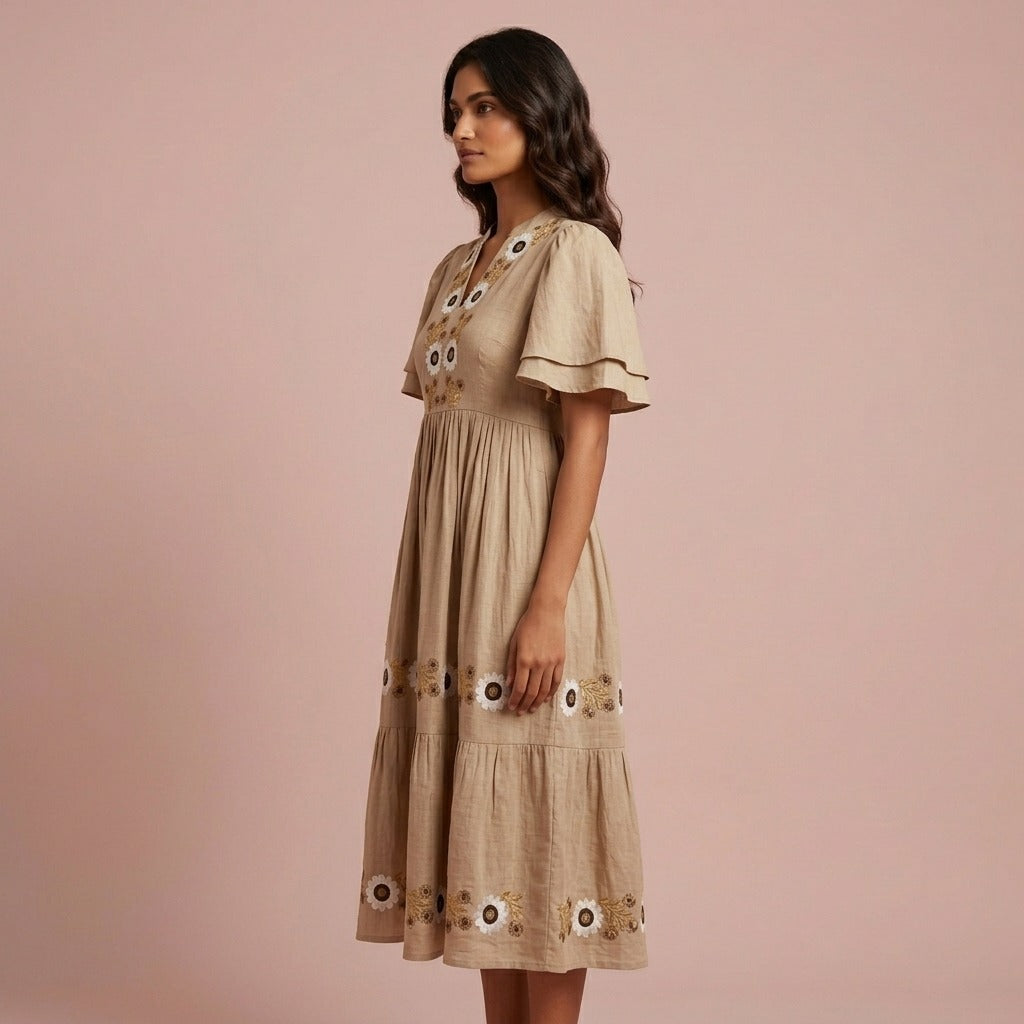 Super soft cotton embroidered one piece in chikoo colour