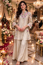 Pure chinon heavily embellished plazzo set in beige !! (slim fit)
