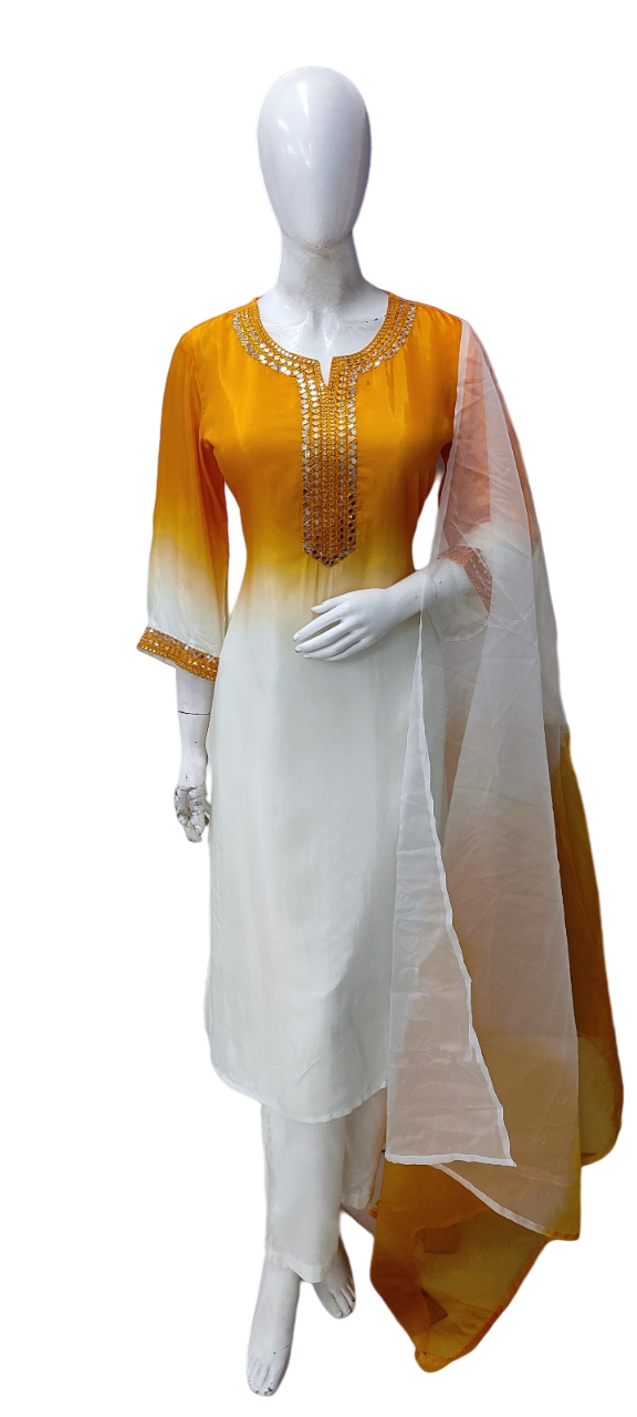Pure muslin suit set paired organza dupatta