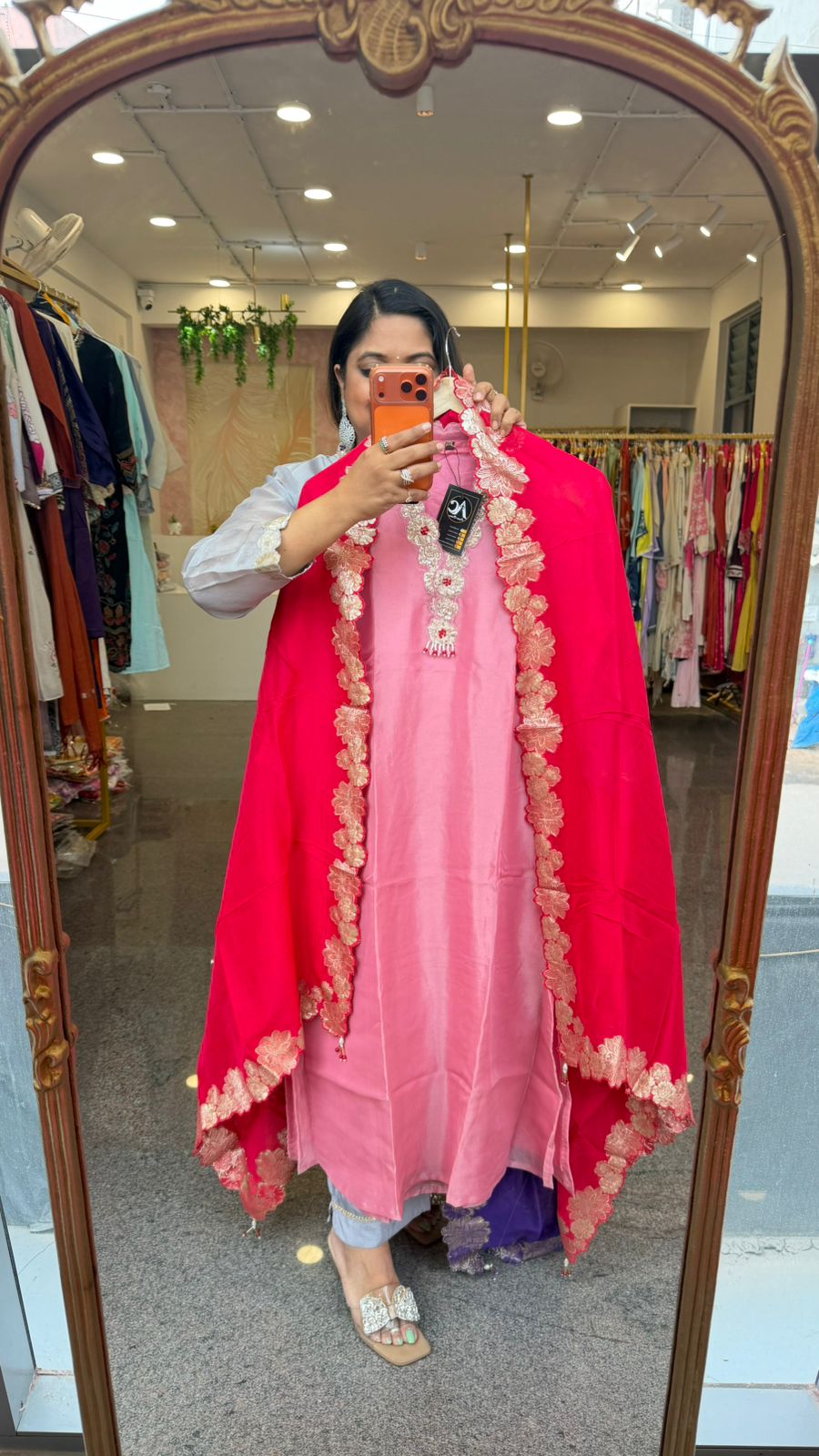 Premium tissue set paired with full zari weaving dupatta and beautiful hand work on yoke in pink n red