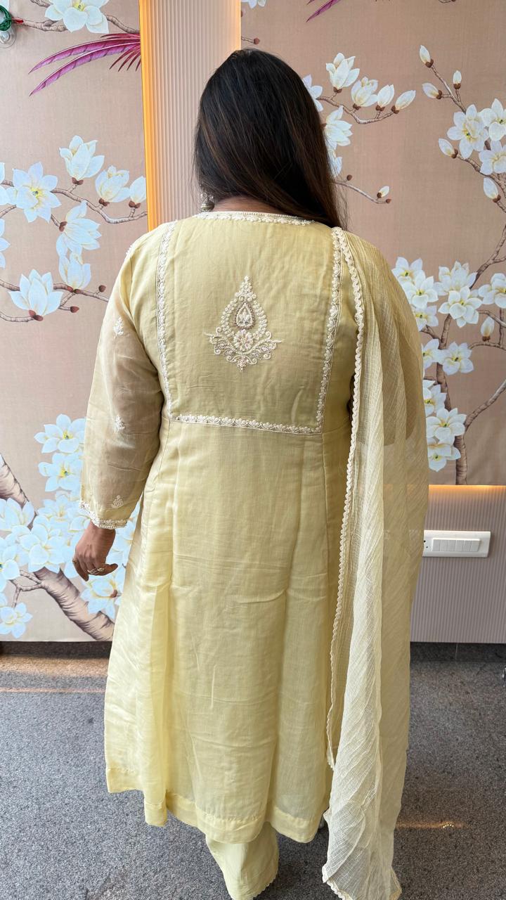 Pure Banarasi mint green Mul chanderi with chikankari full suit set. Beautiful designer back