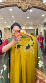 Premium cotton applique work cotton suit in yellow with pocket and paired with a Kalamkari dupatta